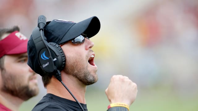 Oct 26, 2019; Tallahassee, FL, USA; Florida State Seminoles offensive coordinator Kendal Briles calls in a play during the second quarter against Syracuse at Doak Campbell Stadium.